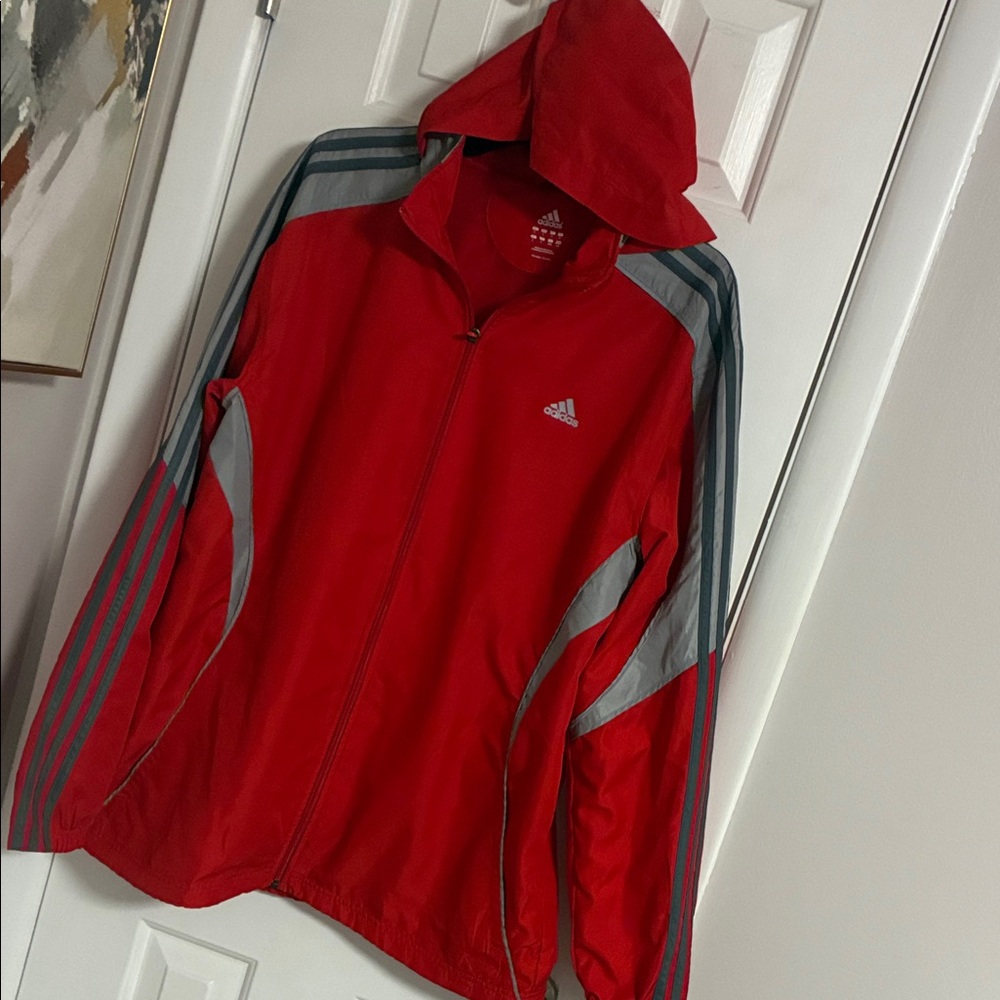 adidas Red Hooded Track Jacket with Gray Stripes